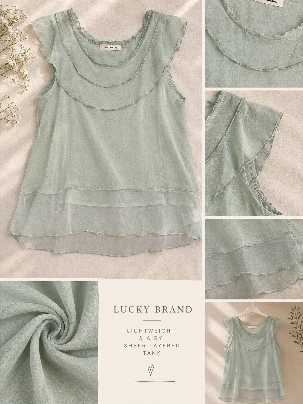 Lucky Brand Light Sage Green Sheer Layered Tank